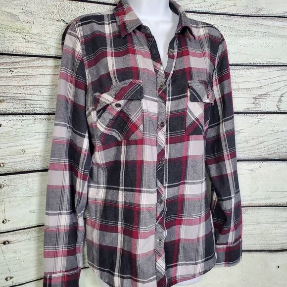 Maurices Red Plaid Button Down Shirt L Long Sleeve Collared Lightweight Cotton B - Picture 2 of 7